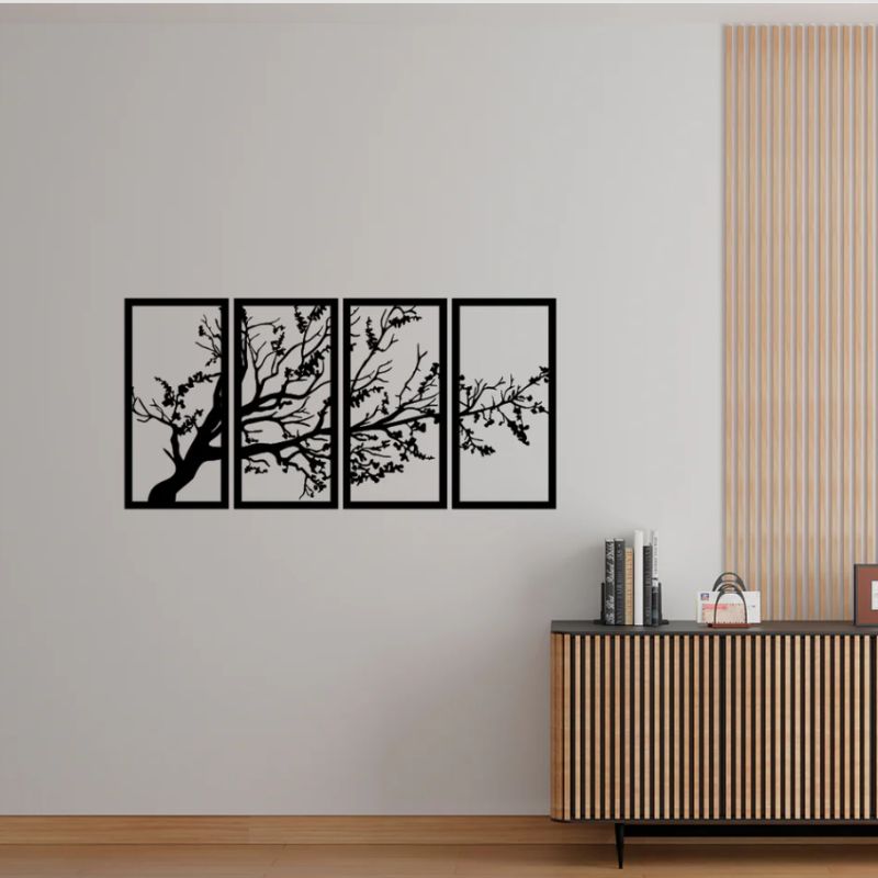 Elegant Tree 3mm Black Acrylic Wall Art – 4 Panel Tree with Extending Branches