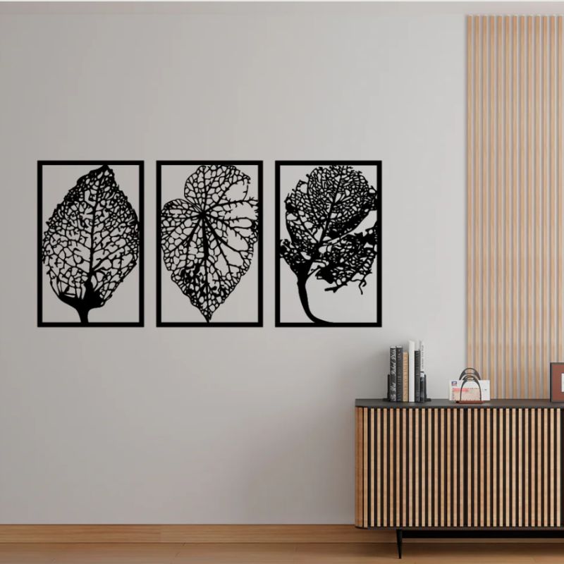 Elegant Tree 3mm Black Acrylic Wall Art – 3 Panels with Dried Leaves