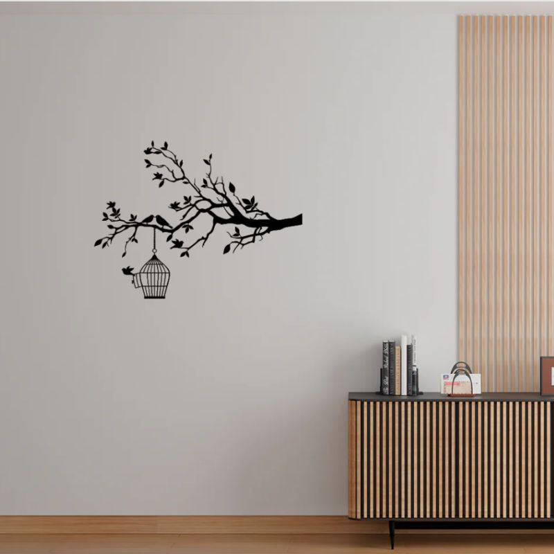 Birds on a Branch with Bridge and Cage - 3mm Black Acrylic Wall Art
