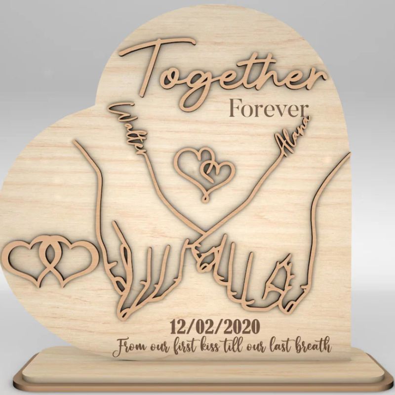 Personalized Couple Hands Together Forever Stand Decor – Custom Engraved Wooden Sculpture