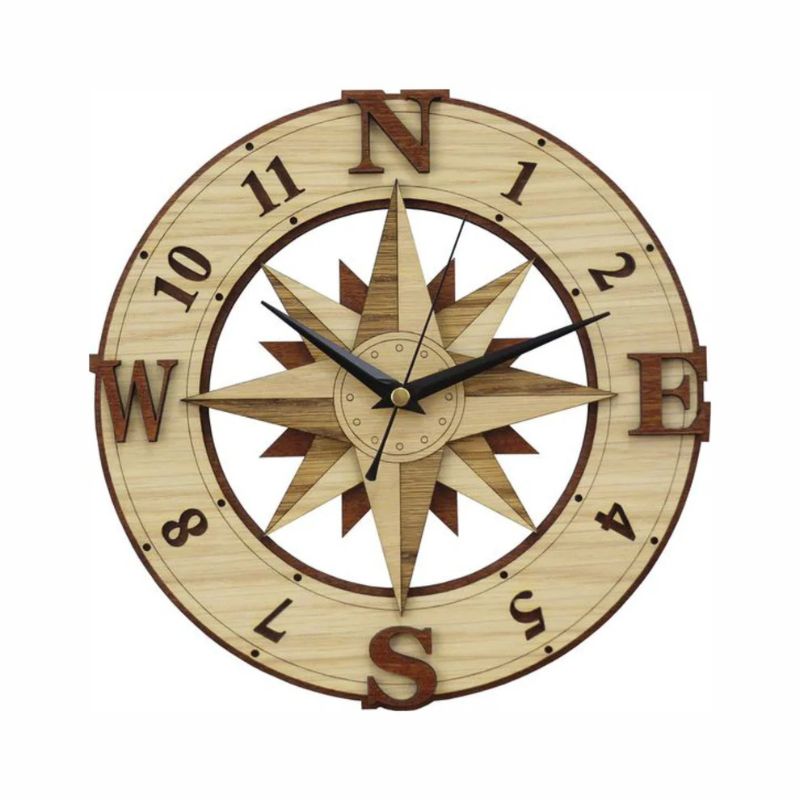 Laser-Cut Wooden Compass Wall Clock