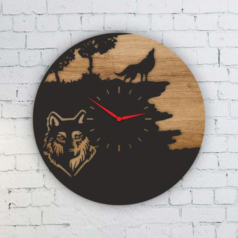 Laser-Cut Wooden & Acrylic Wolf Wall Clock