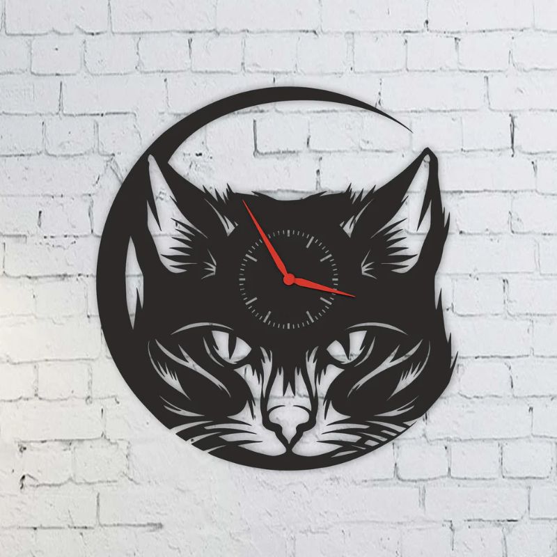 Laser-Cut Black Acrylic Cat Wall Clock