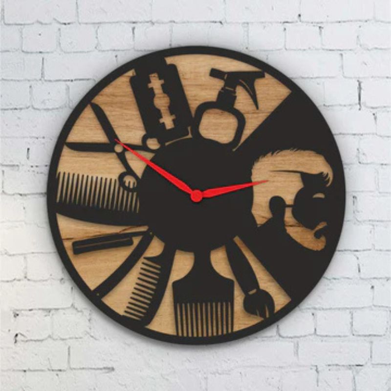 Barber Shop Black Acrylic & Wood Wall Clock – Stylish Grooming Decor